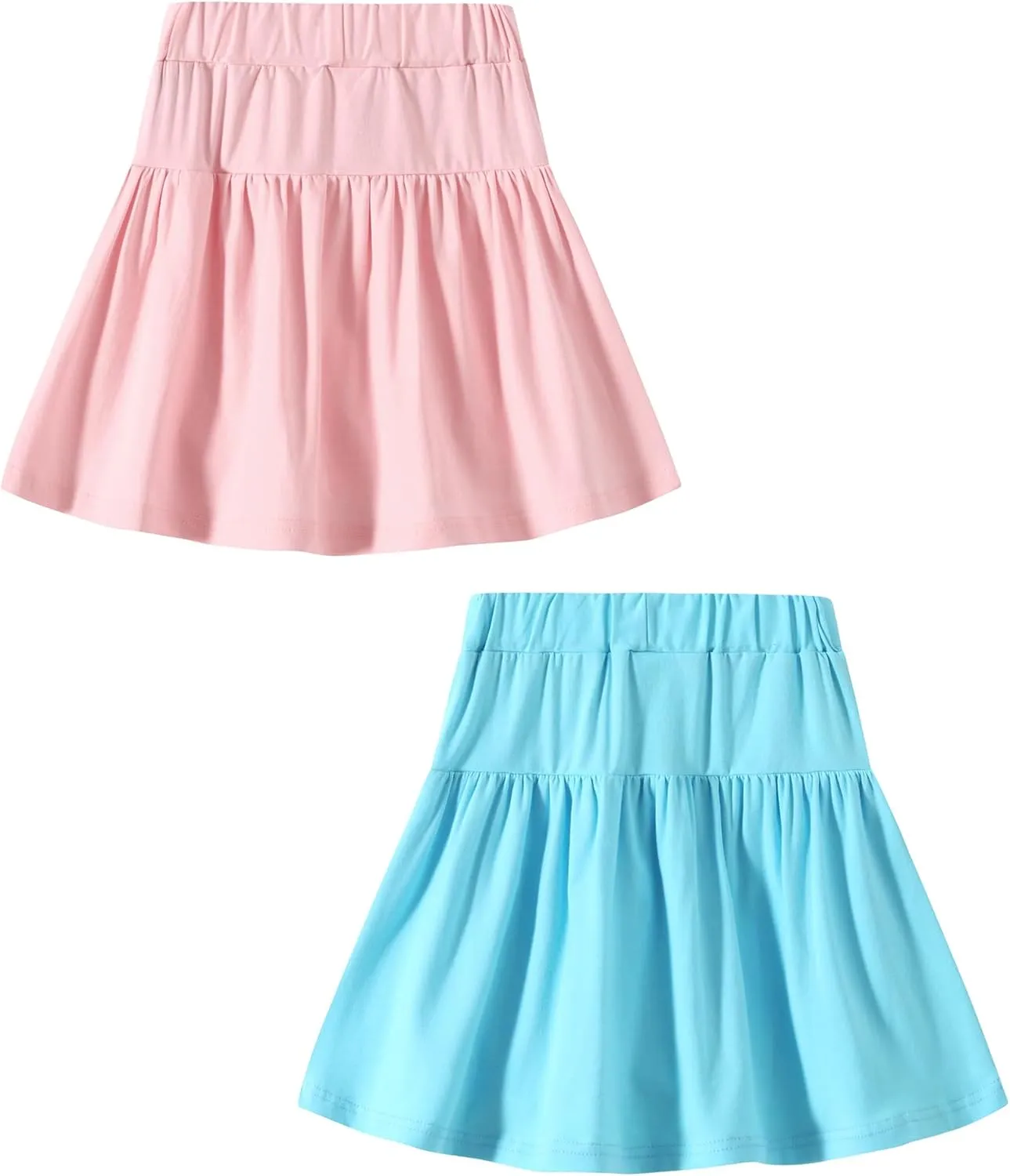 2 Pack Girls Skirts Elastic Flared Plain Tennis Skater Skirts with Built-in Shorts Kids Active Flowy Skorts