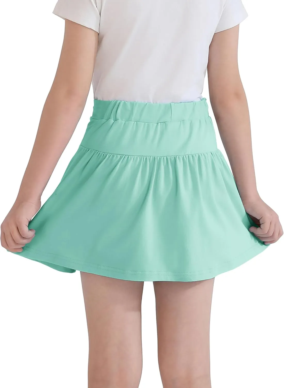 2 Pack Girls Skirts Elastic Flared Plain Tennis Skater Skirts with Built-in Shorts Kids Active Flowy Skorts