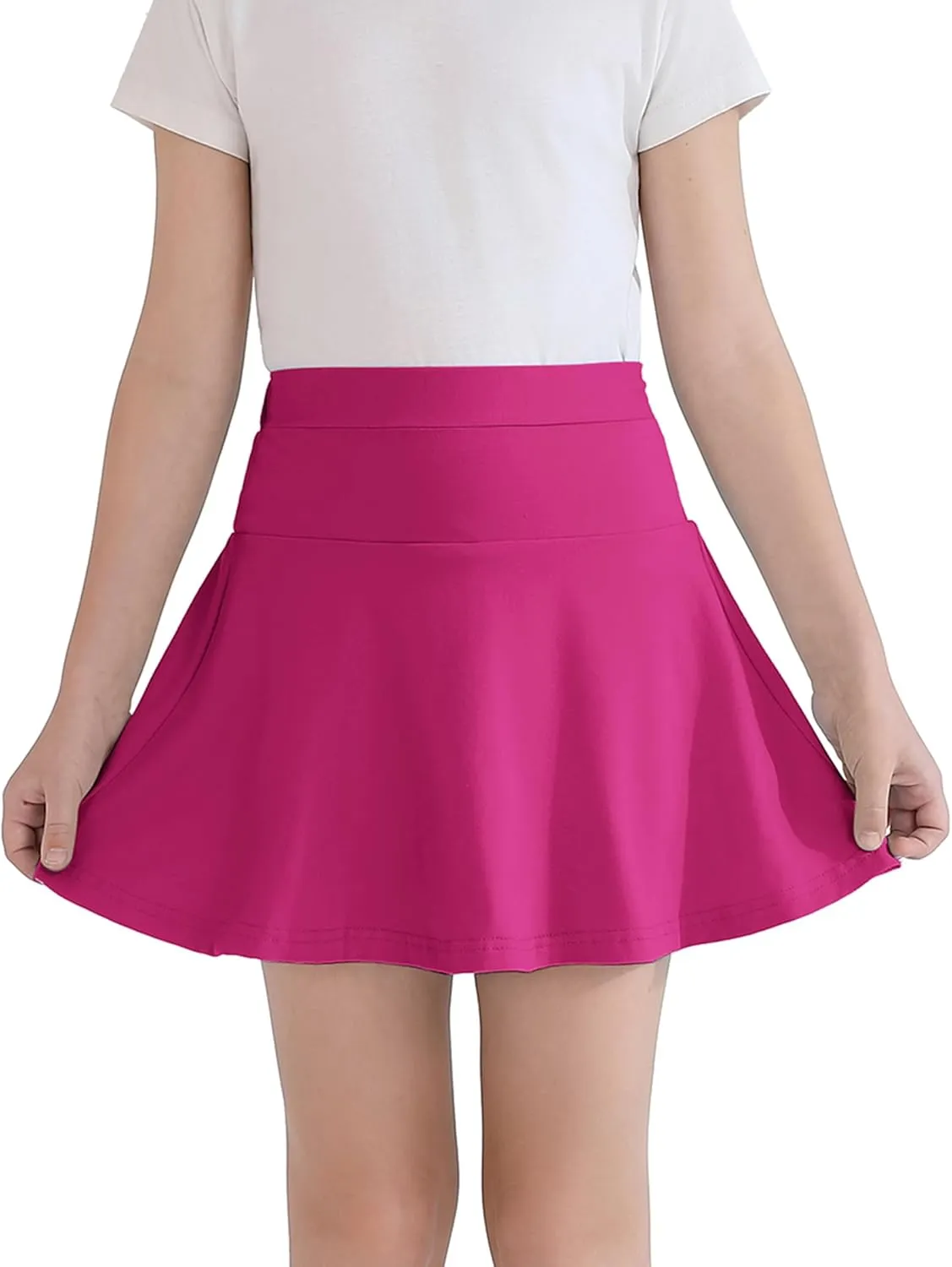 2 Pack Girls Skirts Elastic Flared Plain Tennis Skater Skirts with Built-in Shorts Kids Active Flowy Skorts