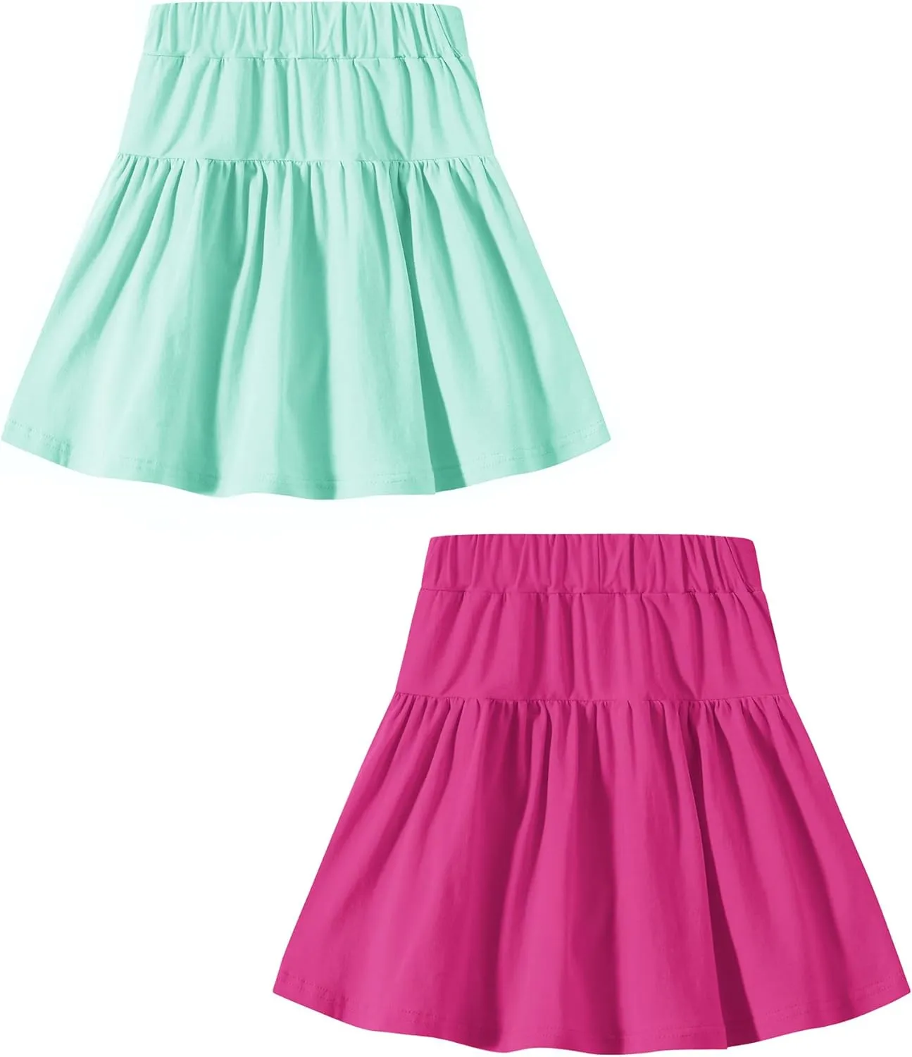 2 Pack Girls Skirts Elastic Flared Plain Tennis Skater Skirts with Built-in Shorts Kids Active Flowy Skorts