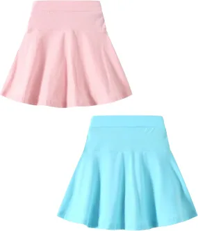 2 Pack Girls Skirts Elastic Flared Plain Tennis Skater Skirts with Built-in Shorts Kids Active Flowy Skorts