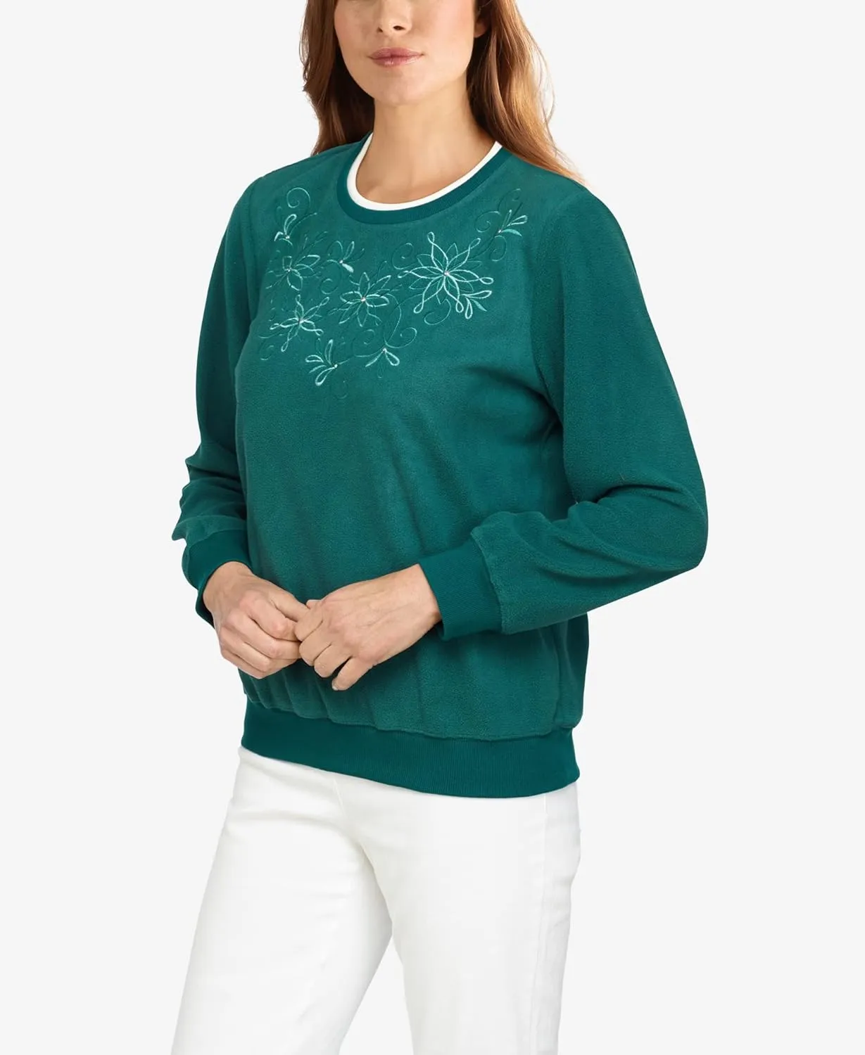 Alfred Dunner Petite Women's Floral Embroidery Yoke Top