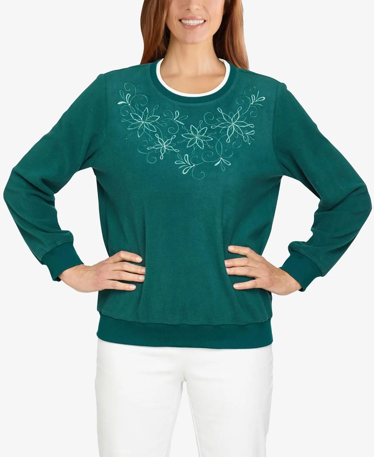 Alfred Dunner Petite Women's Floral Embroidery Yoke Top