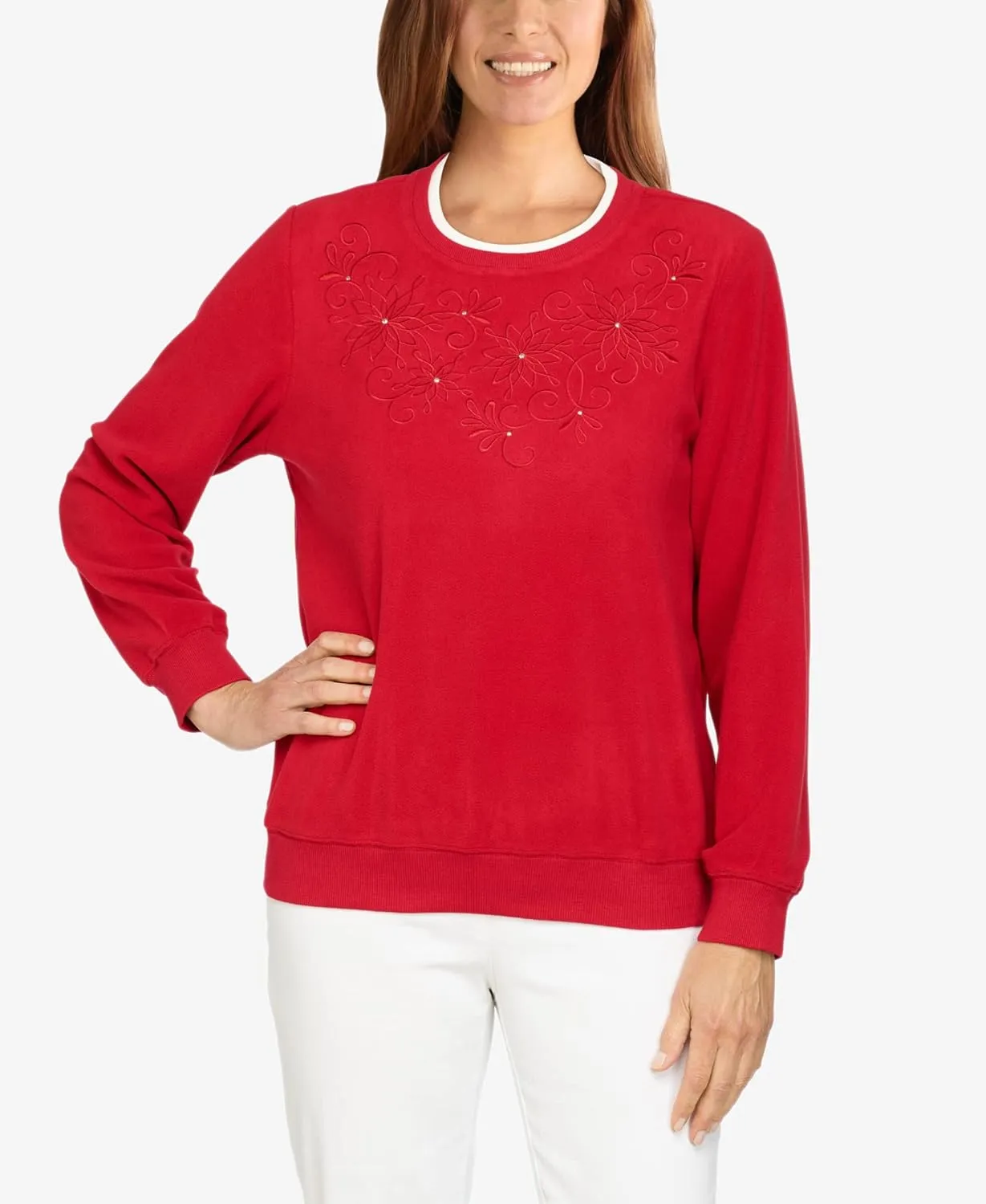 Alfred Dunner Petite Women's Floral Embroidery Yoke Top