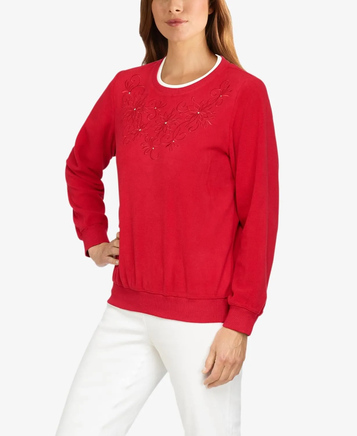 Alfred Dunner Petite Women's Floral Embroidery Yoke Top