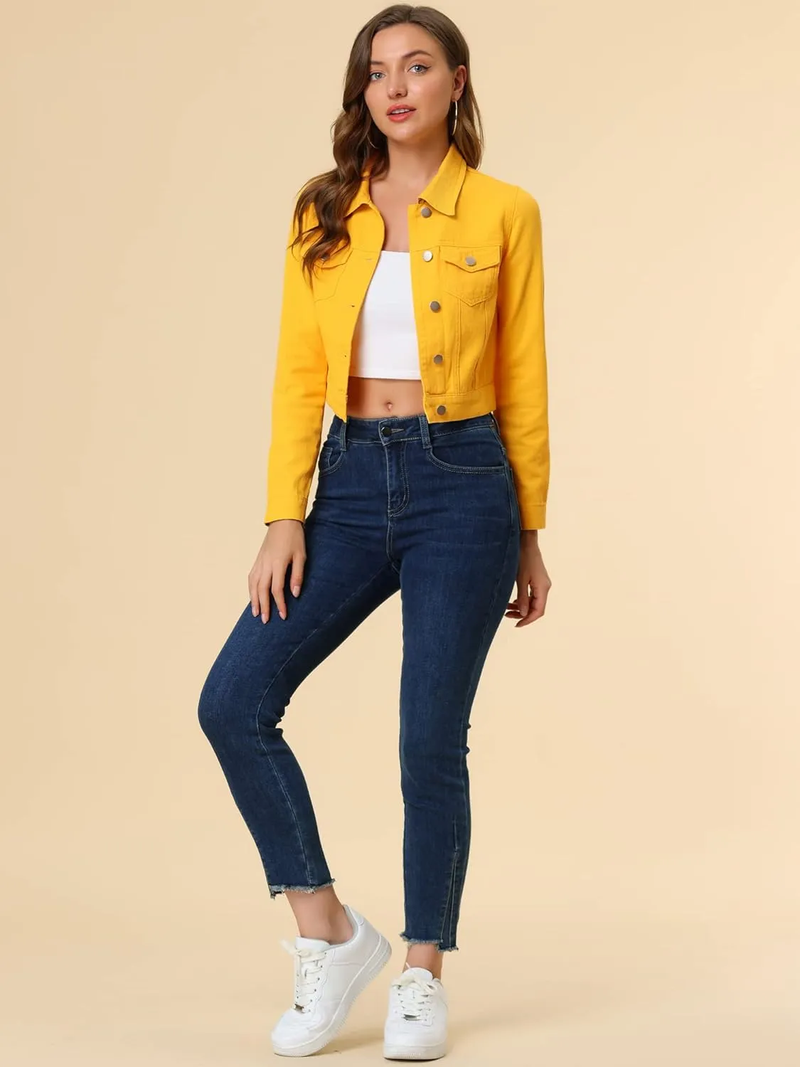 Allegra K Women's Button Down Denim Jacket Check Cuffs Casual Cropped Jean Jackets