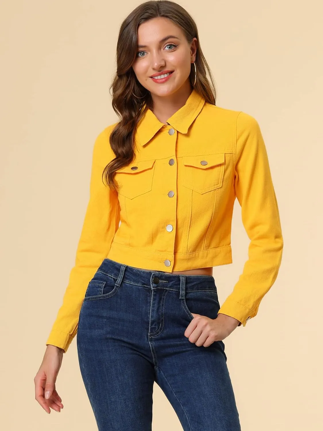 Allegra K Women's Button Down Denim Jacket Check Cuffs Casual Cropped Jean Jackets