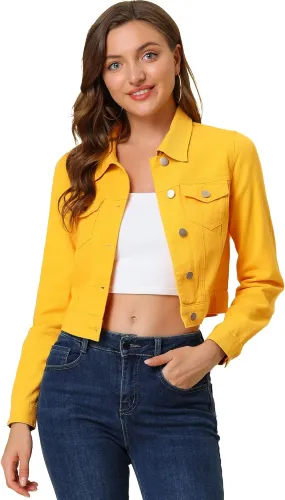 Allegra K Women's Button Down Denim Jacket Check Cuffs Casual Cropped Jean Jackets