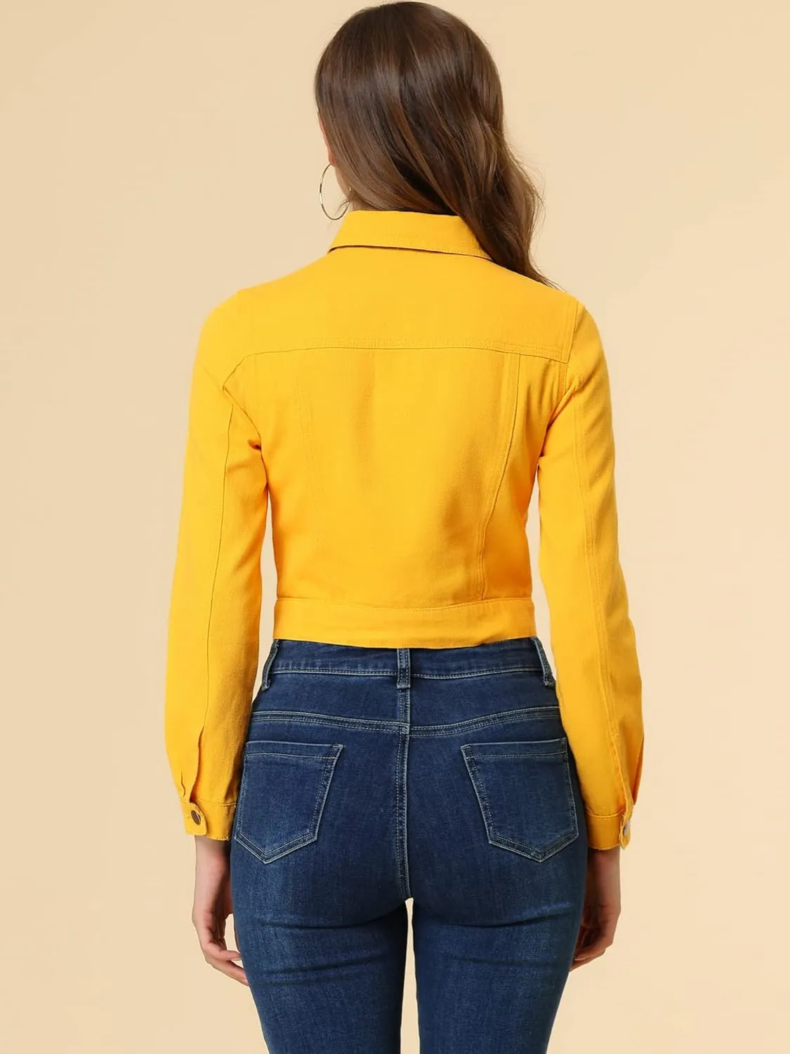 Allegra K Women's Button Down Denim Jacket Check Cuffs Casual Cropped Jean Jackets
