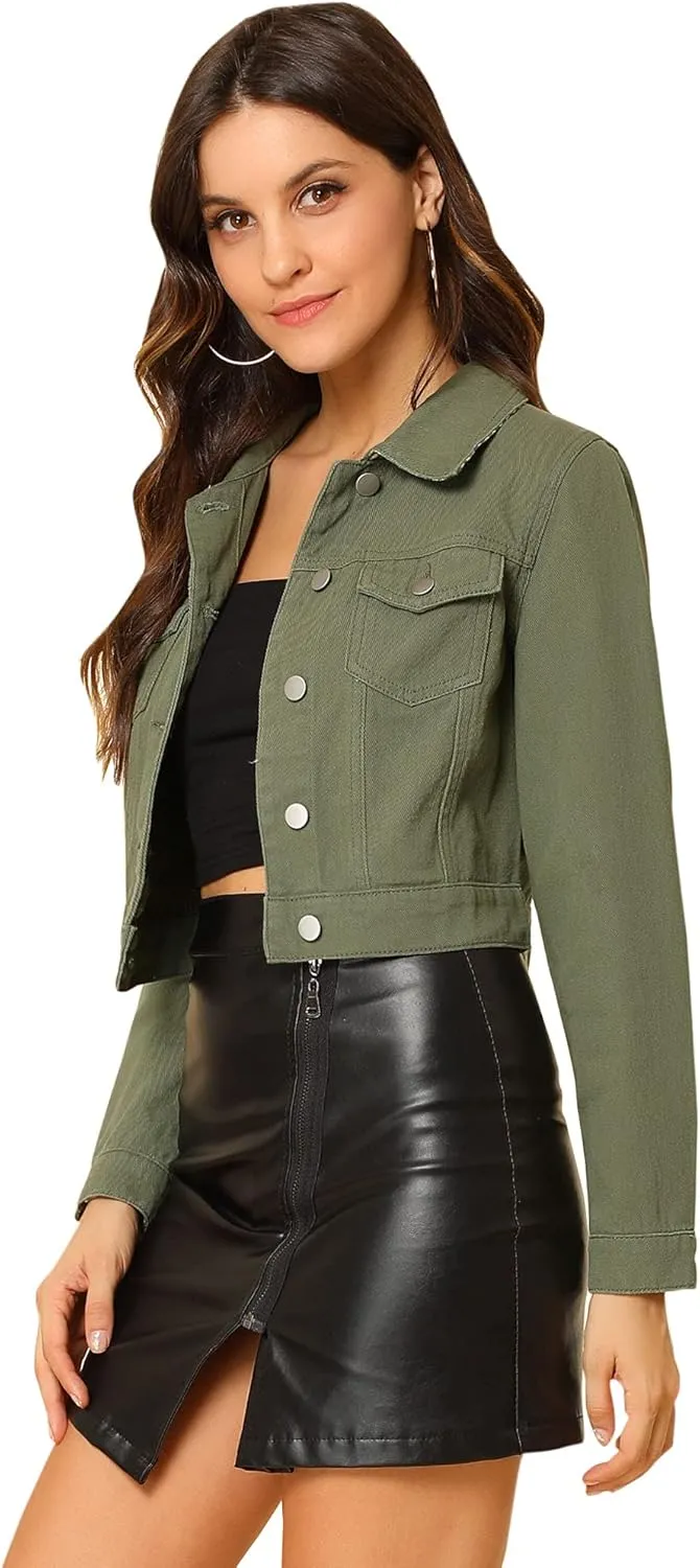 Allegra K Women's Button Down Denim Jacket Check Cuffs Casual Cropped Jean Jackets