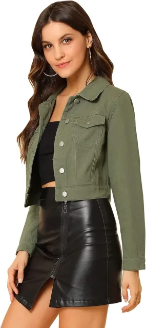 Allegra K Women's Button Down Denim Jacket Check Cuffs Casual Cropped Jean Jackets