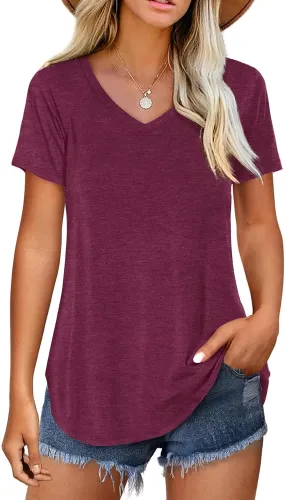 Amoretu Women V Neck T-Shirt Casual Short Sleeve Plain Tee Shirts Blouses