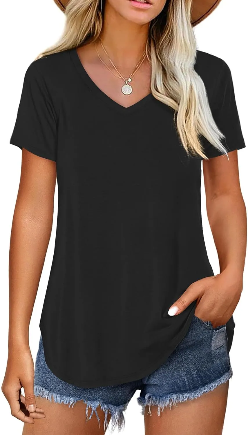 Amoretu Women V Neck T-Shirt Casual Short Sleeve Plain Tee Shirts Blouses