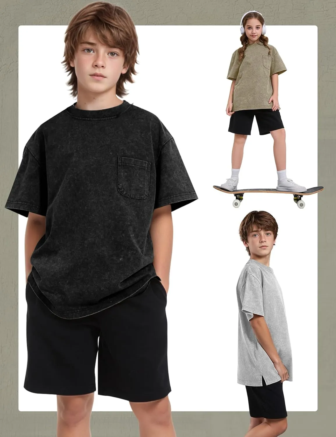 COZYPOIN 3 Pack Unisex Boys Girls T-Shirts Kids Short Sleeve Crewneck Acid Washed Tee Shirts Summer Tops 5-14Y