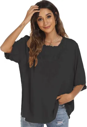 Grosy Women's Embroidered Plain Tunic Tops for Summer Fall Spring, Simple Elegant Dressy Blouse Casual Embroidery Solid Shirt