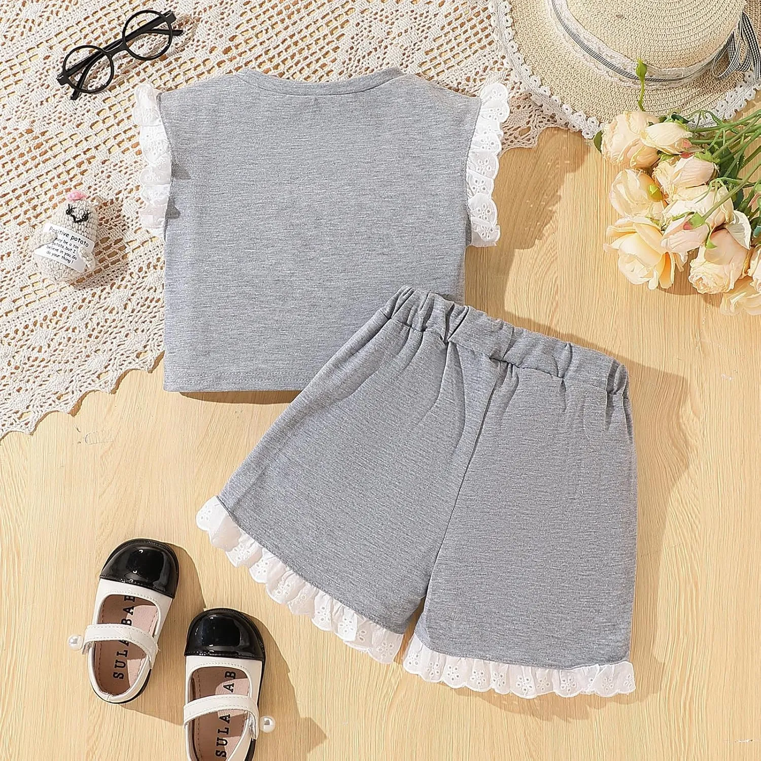 Kid Young Girl Clothes Outfits Square Neck Tank Top Letter Patched Girls Summer Shorts Set
