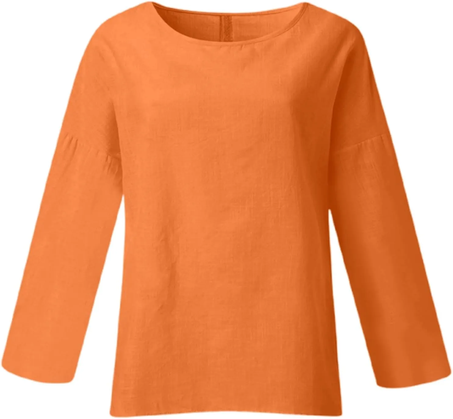 Linen Tops for Women Summer 3/4 Long Sleeve Shirts Plus Size Round Neck Solid Color Loose Fit Casual Tees Fashion