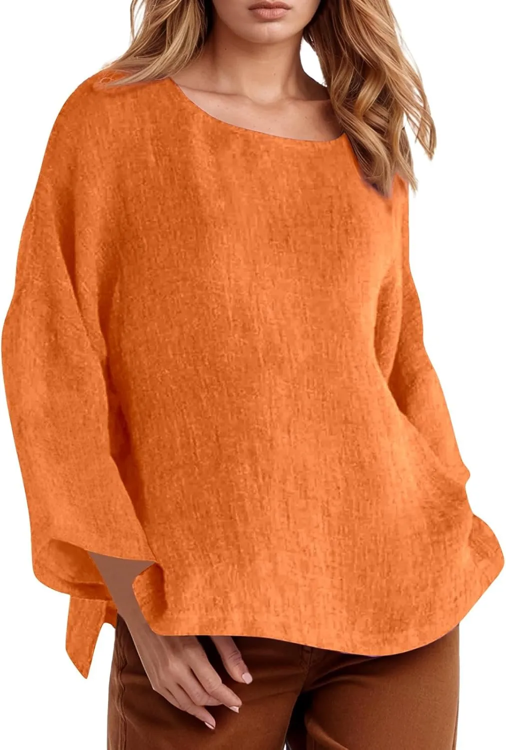 Linen Tops for Women Summer 3/4 Long Sleeve Shirts Plus Size Round Neck Solid Color Loose Fit Casual Tees Fashion