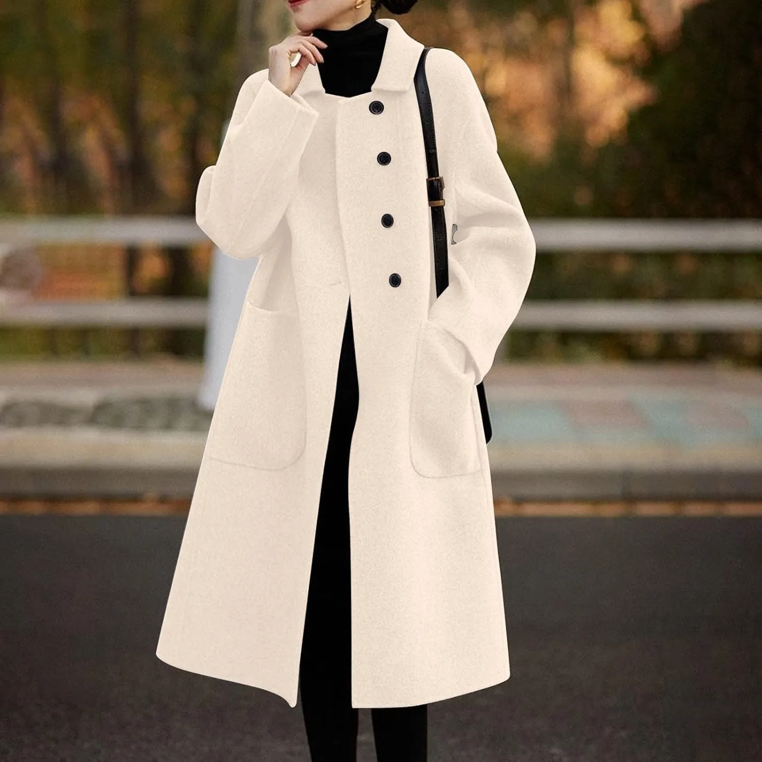 Long Trench Coat for Women Elegant Single Breasted Pea Coat Winter Warm Wool Blend Oversized Pea Coat with Pockets