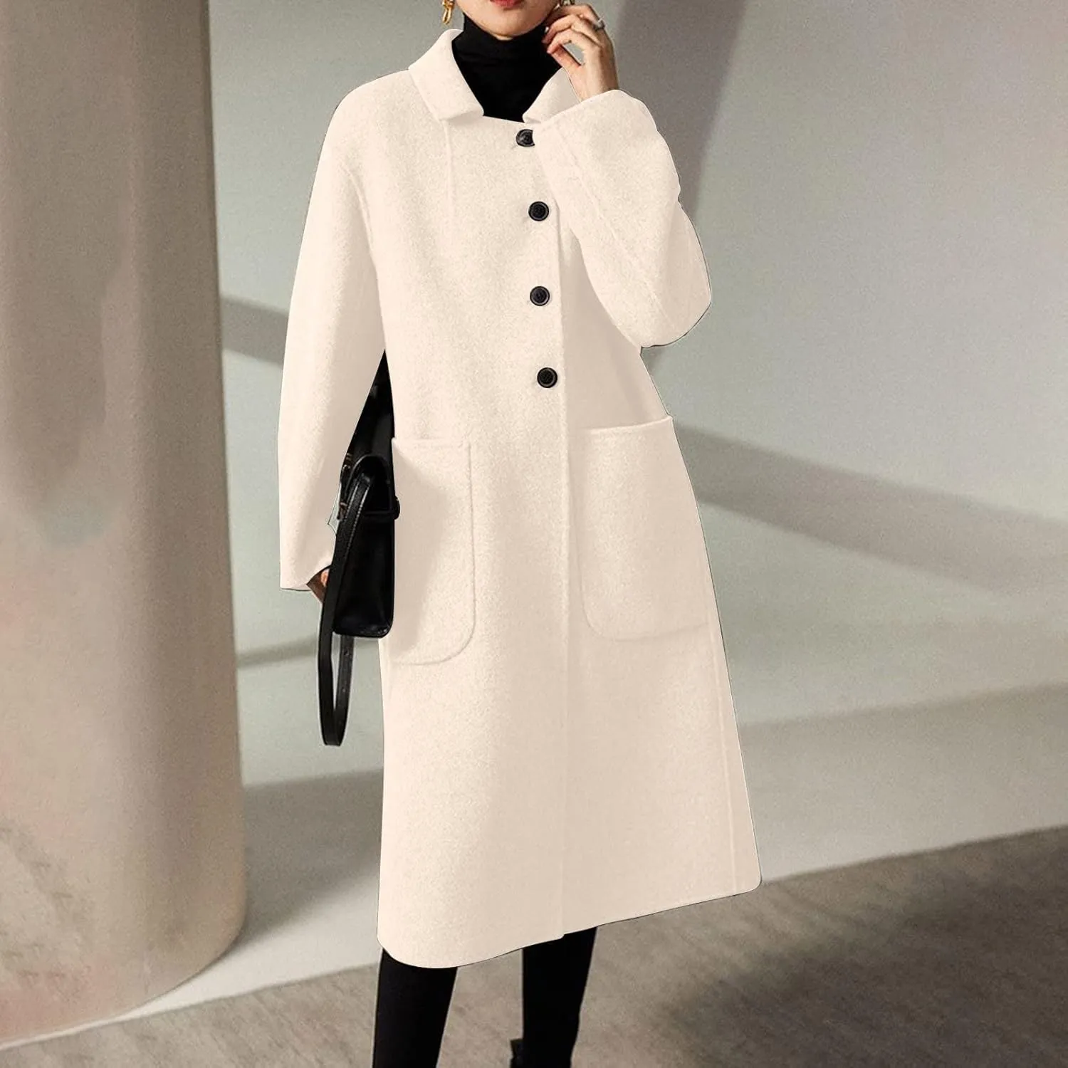 Long Trench Coat for Women Elegant Single Breasted Pea Coat Winter Warm Wool Blend Oversized Pea Coat with Pockets