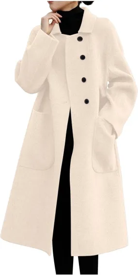 Long Trench Coat for Women Elegant Single Breasted Pea Coat Winter Warm Wool Blend Oversized Pea Coat with Pockets