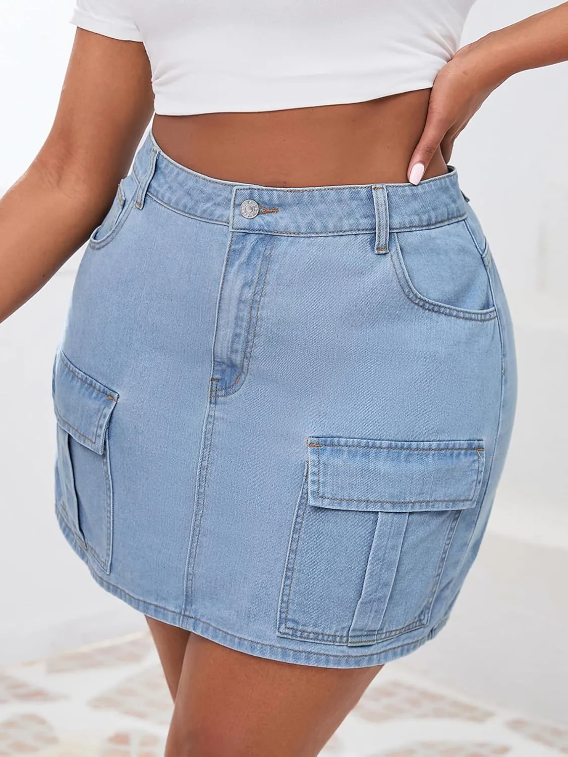 MakeMeChic Women's Plus Size Denim Skirt High Waist Y2K Summer Mini Cargo Jean Skirts