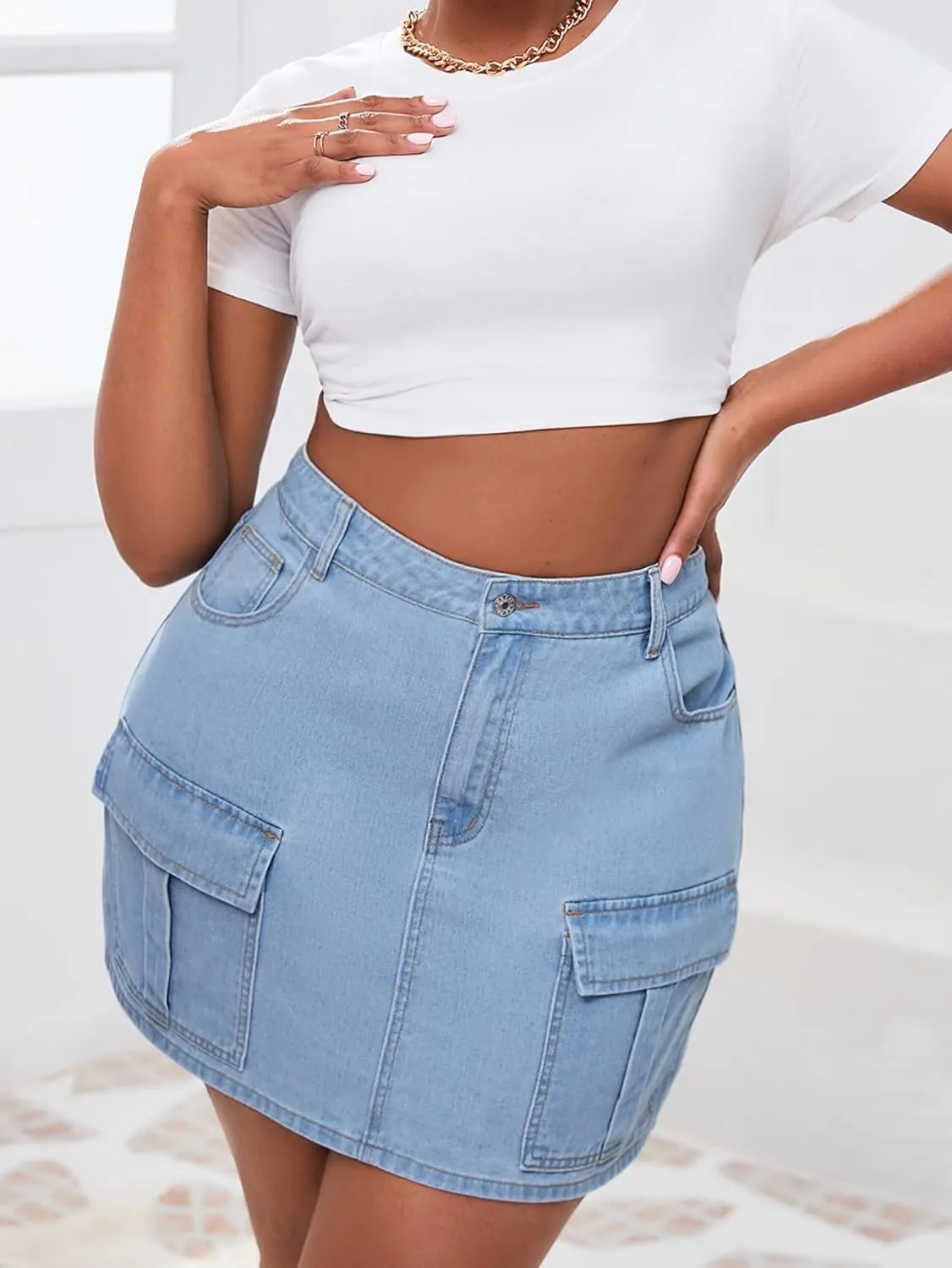 MakeMeChic Women's Plus Size Denim Skirt High Waist Y2K Summer Mini Cargo Jean Skirts