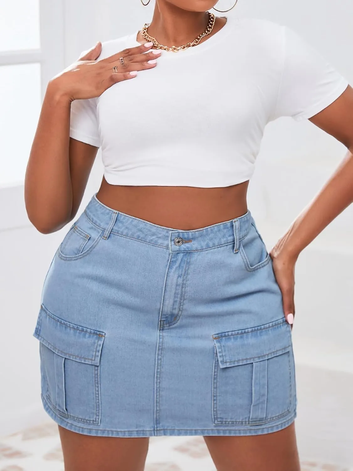 MakeMeChic Women's Plus Size Denim Skirt High Waist Y2K Summer Mini Cargo Jean Skirts
