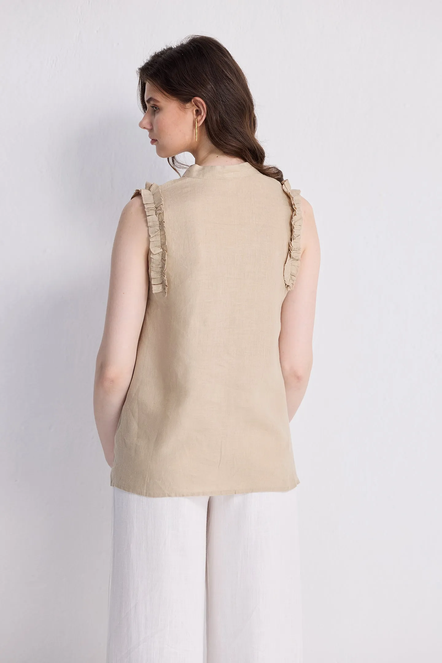 Reistor Sleeveless Hemp Top with Ruffles in Neutral Beige | NEW COLLECTION