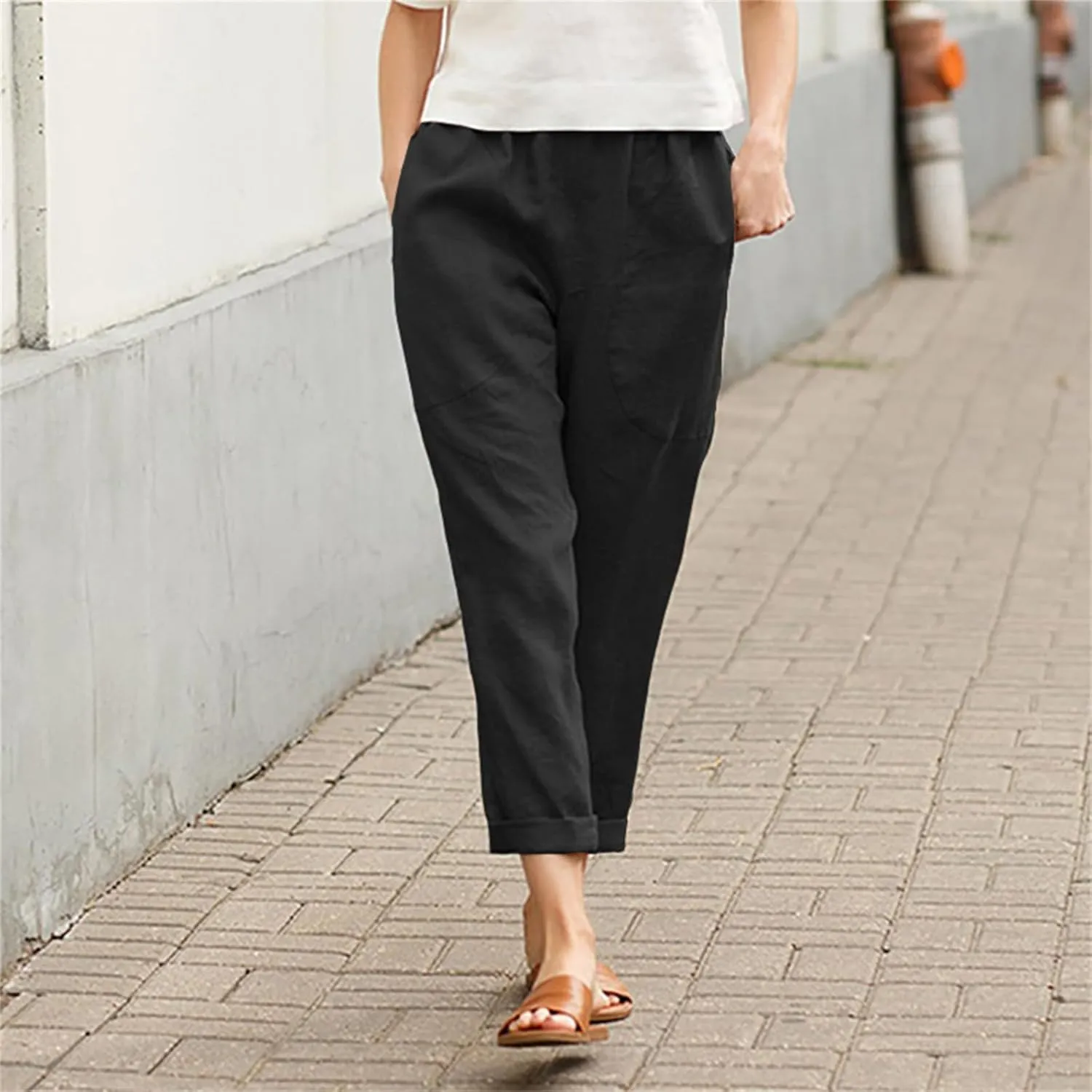Smoneyful Linen Pants for Women Casual Cotton Drawstring Wide Leg Trouser Elastic Waist Solid Straight Leg Beach Cropped Pant