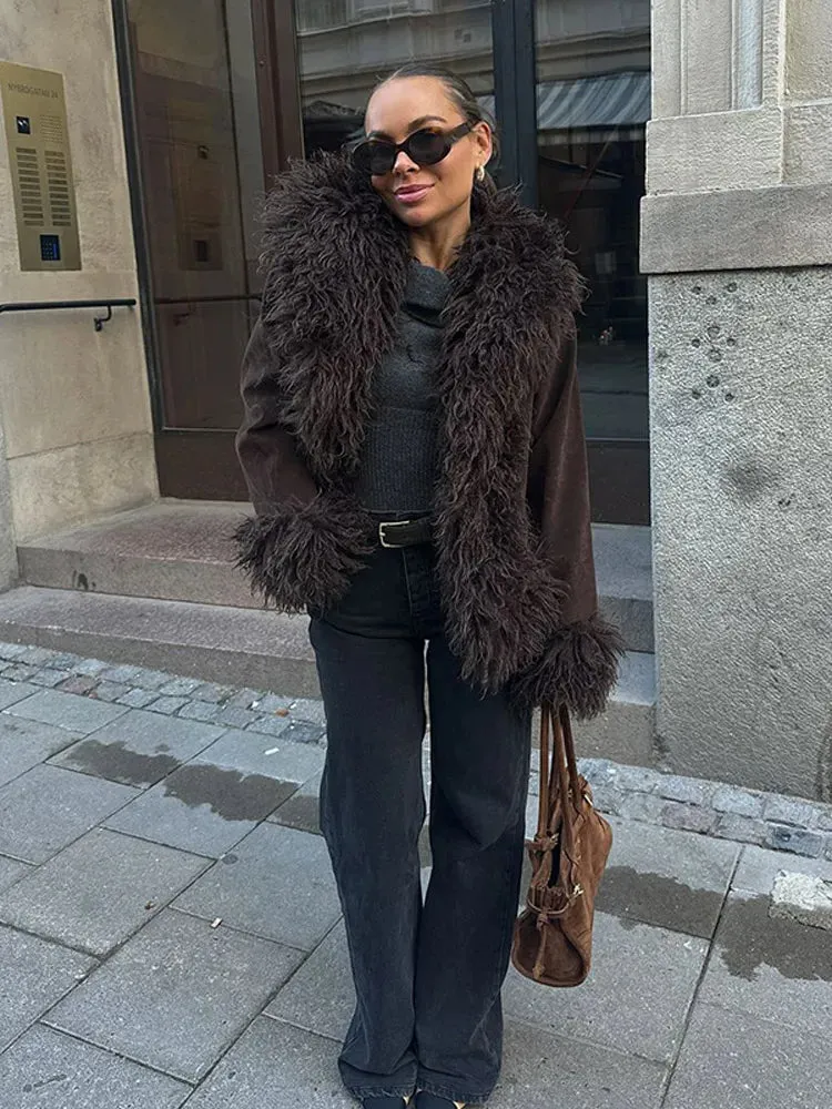 TAVIMART  -  Elegant Coffee Solid Fur Patchwork Cardigan Jacket For Women Fashion Long Sleeve Warm Loose Coats Lady High Streetwear New