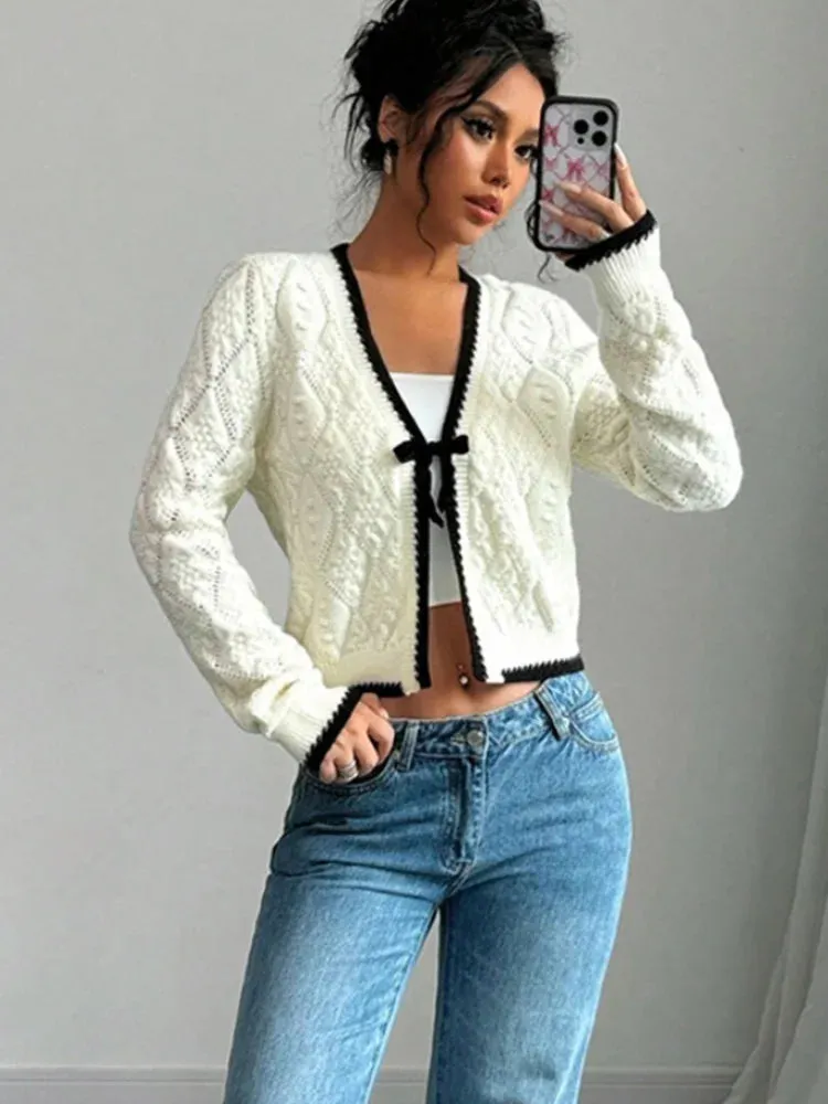 TAVIMART  -  Elegant Women V Neck Long Sleeve Lace Up Embroidery Knitwear New Fashion Women's Casual Knitted Cardigan Autumn Chic Lady Coats