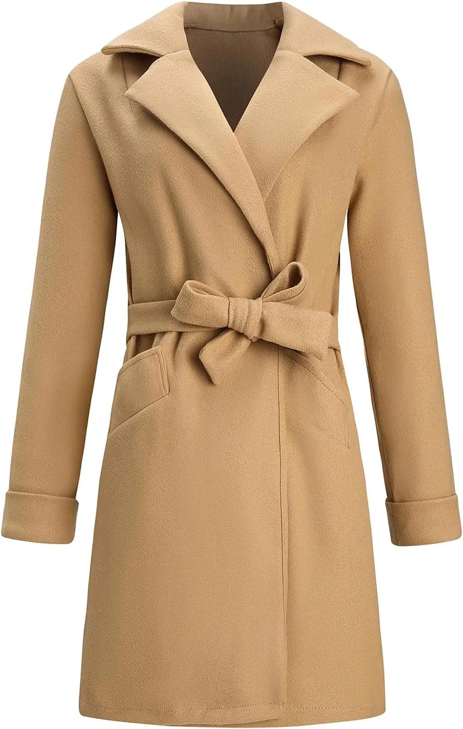 Trench Coats for Women Elegant Belted Open Front Wool Blend Coat Lapel Collar Winter Warm Overcoat with Pockets