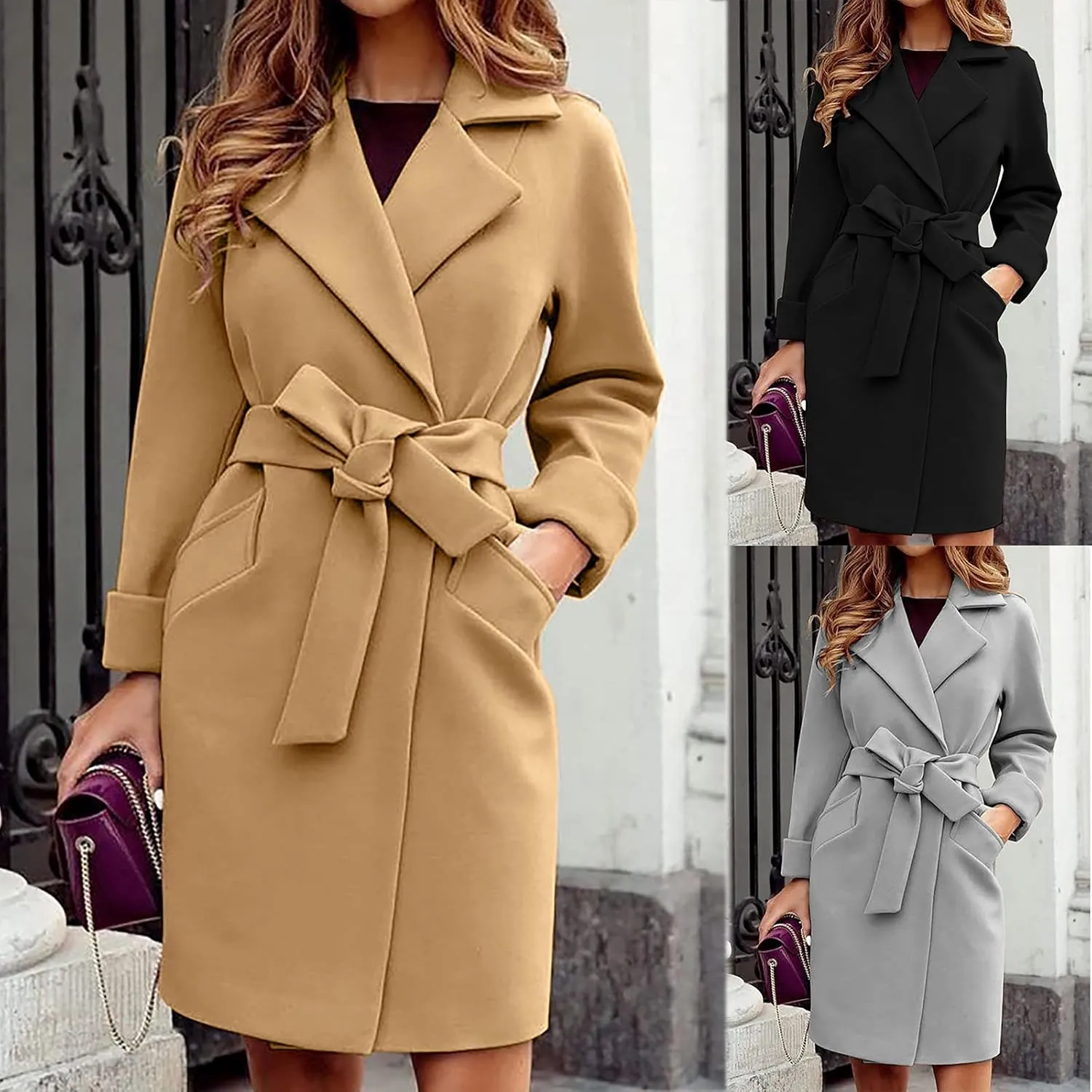 Trench Coats for Women Elegant Belted Open Front Wool Blend Coat Lapel Collar Winter Warm Overcoat with Pockets