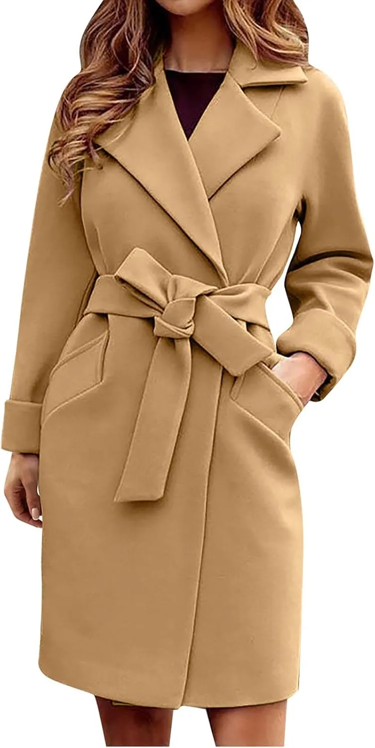 Trench Coats for Women Elegant Belted Open Front Wool Blend Coat Lapel Collar Winter Warm Overcoat with Pockets
