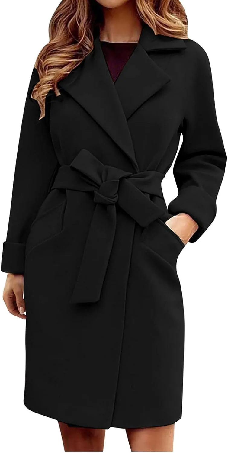 Trench Coats for Women Elegant Belted Open Front Wool Blend Coat Lapel Collar Winter Warm Overcoat with Pockets