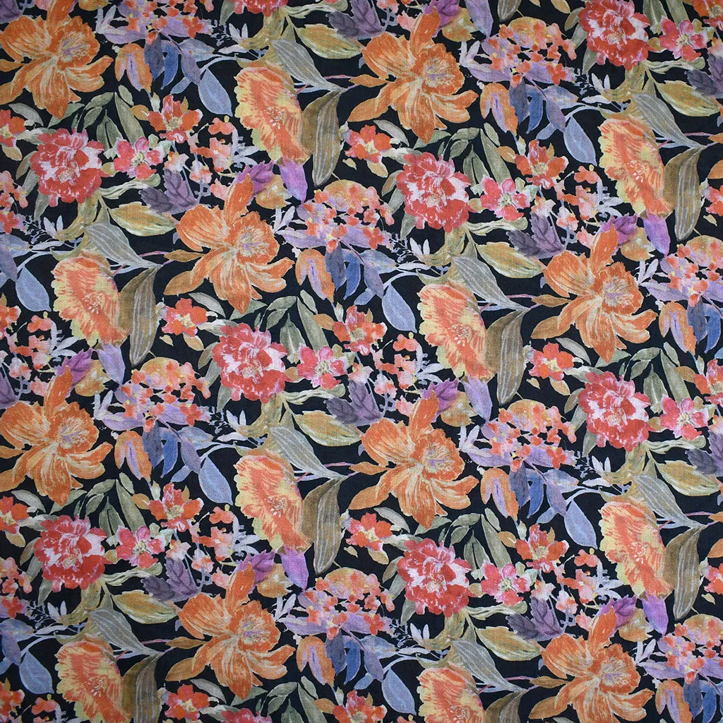 Watercolor Spring Floral Digital Print Ramie Shirting Black