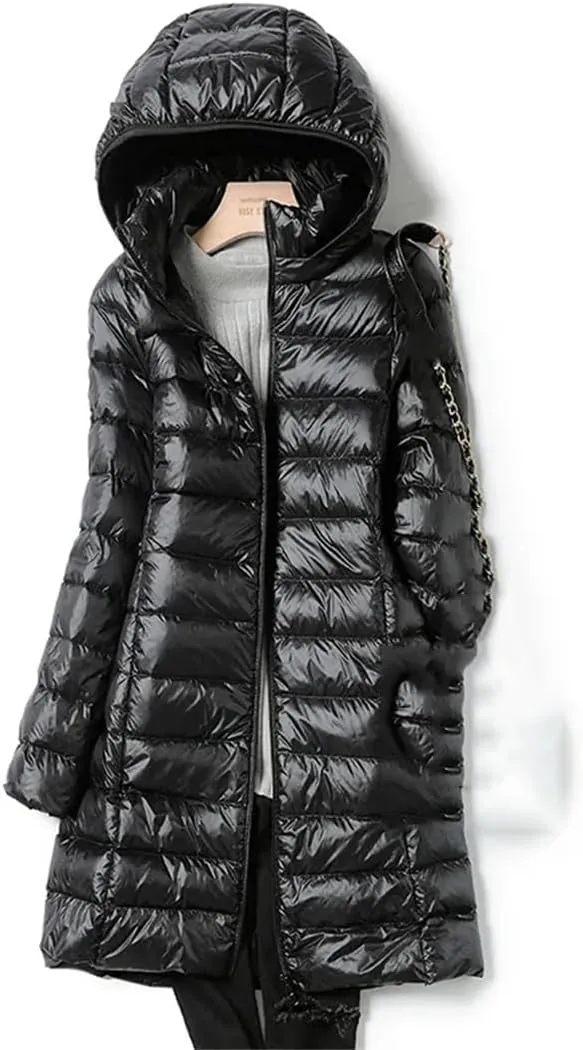 Winter Womens Fashion Slim Hooded Parka Fashionable Outerwear Down Jackets Long Light Thin Coat Puffer Jacket