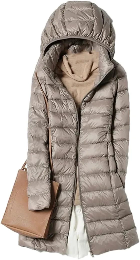 Winter Womens Fashion Slim Hooded Parka Fashionable Outerwear Down Jackets Long Light Thin Coat Puffer Jacket