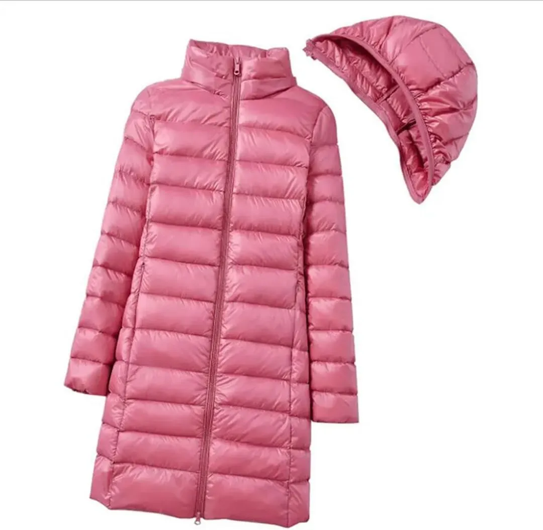 Winter Womens Fashion Slim Hooded Parka Fashionable Outerwear Down Jackets Long Light Thin Coat Puffer Jacket