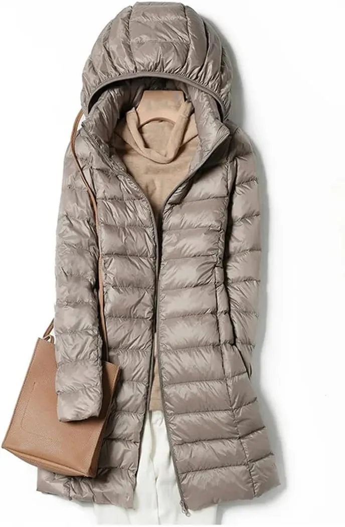 Winter Womens Fashion Slim Hooded Parka Fashionable Outerwear Down Jackets Long Light Thin Coat Puffer Jacket