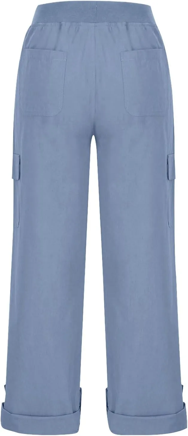 Women Cargo Pants - Straight Wide Leg Trousers with Pockets High Waist Slim Fit Sweatpants Lightweight Buckle Joggers