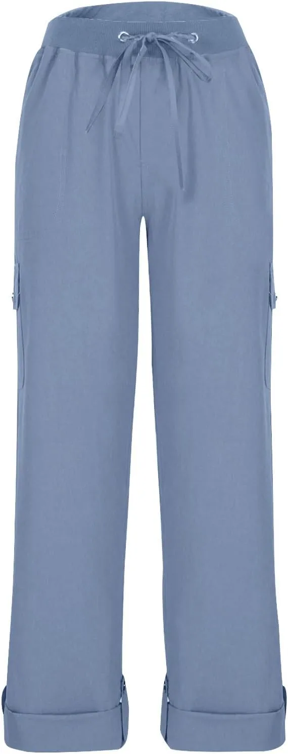 Women Cargo Pants - Straight Wide Leg Trousers with Pockets High Waist Slim Fit Sweatpants Lightweight Buckle Joggers