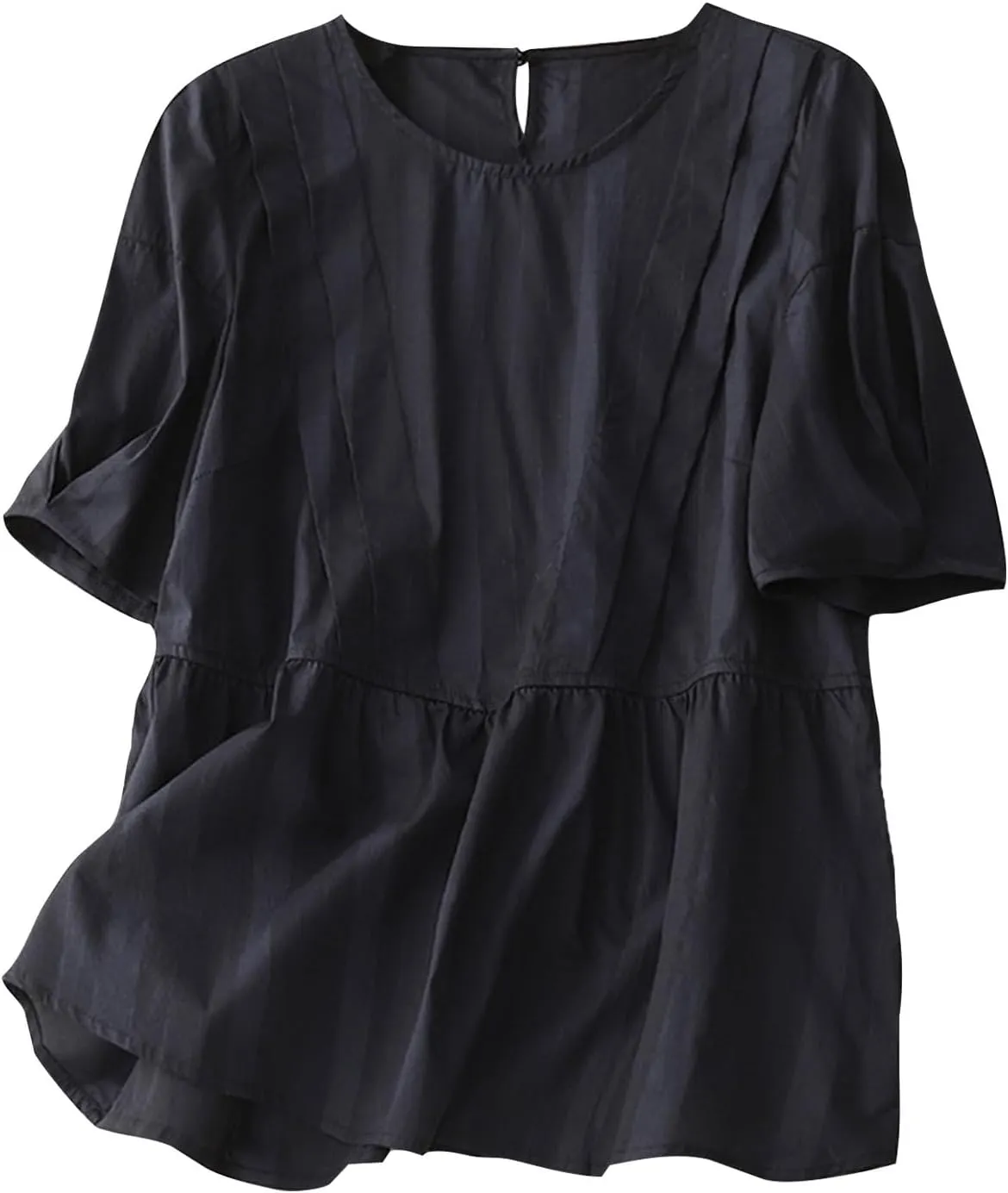 Womens Cotton Linen Babydoll Shirts Trendy Pleated Short Sleeve Flowy Tops Summer Cute Plain Tshirt Vintage Blouses
