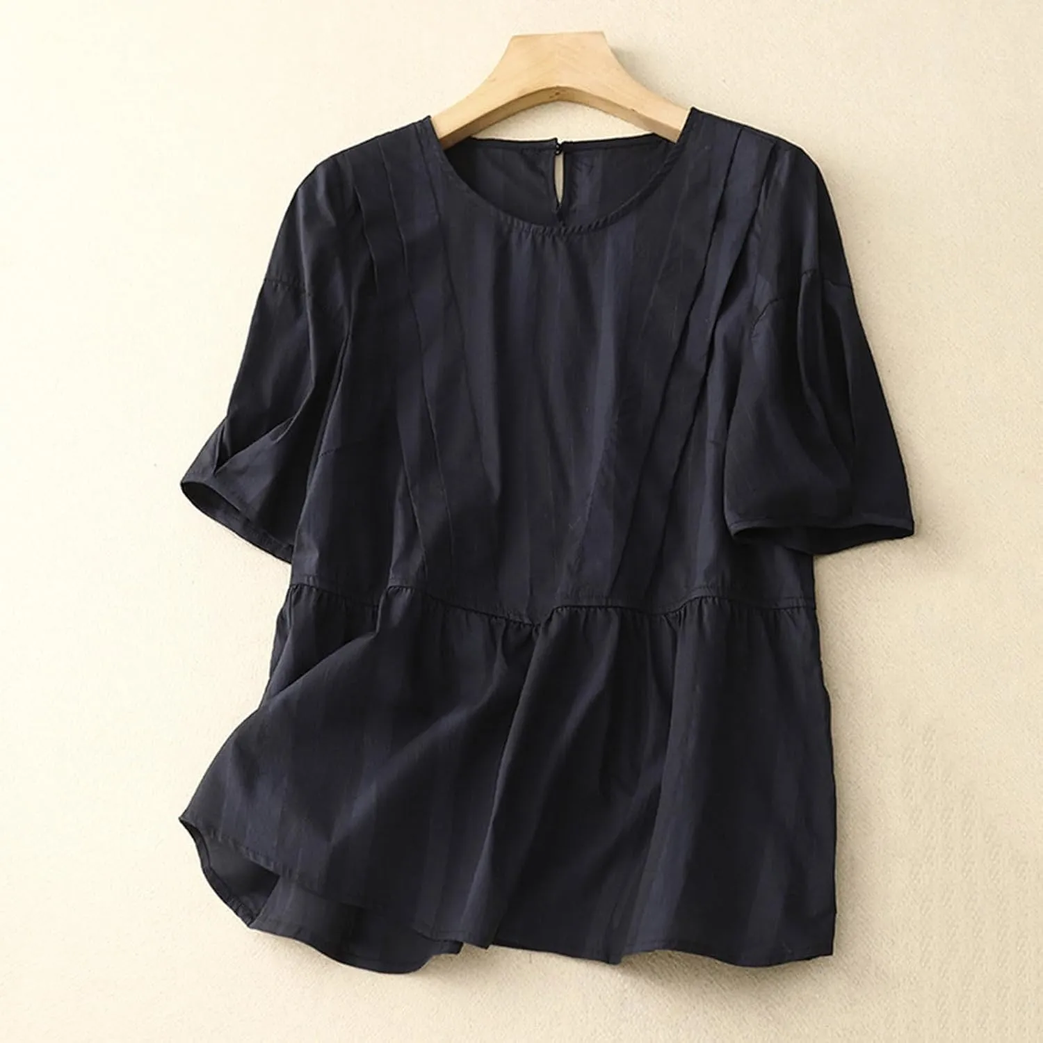 Womens Cotton Linen Babydoll Shirts Trendy Pleated Short Sleeve Flowy Tops Summer Cute Plain Tshirt Vintage Blouses