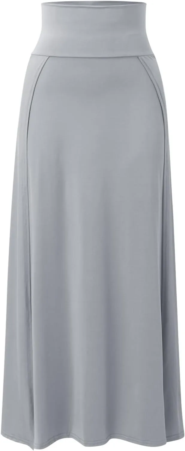 Womens Double Split Maxi Long Skirt Ladies Plain Basic Two Side Slit 4 22 Skirts Plus Size Elastic Waist