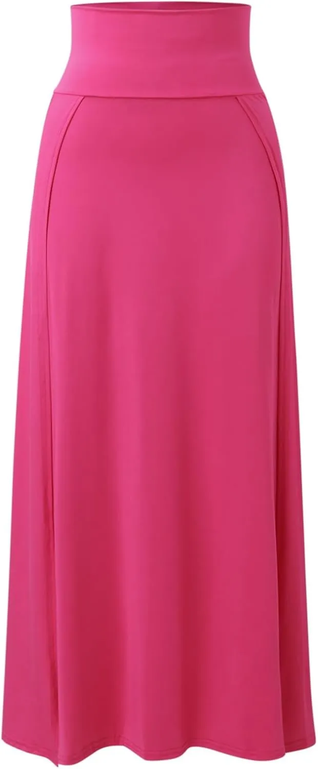 Womens Double Split Maxi Long Skirt Ladies Plain Basic Two Side Slit 4 22 Skirts Plus Size Elastic Waist