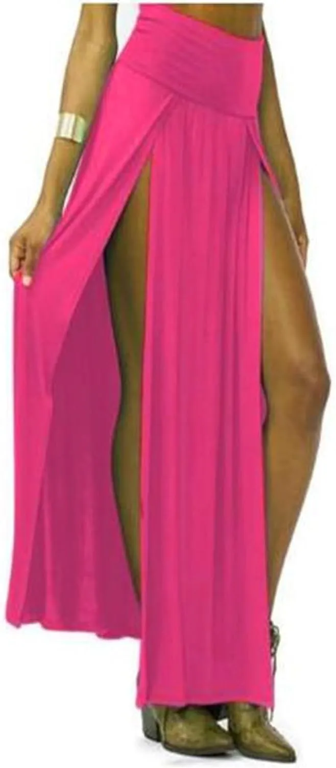 Womens Double Split Maxi Long Skirt Ladies Plain Basic Two Side Slit 4 22 Skirts Plus Size Elastic Waist