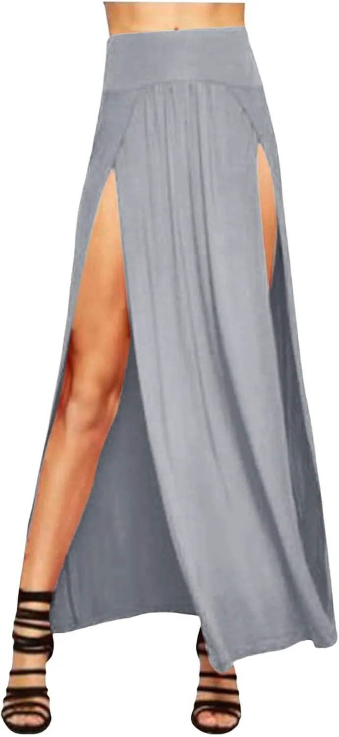 Womens Double Split Maxi Long Skirt Ladies Plain Basic Two Side Slit 4 22 Skirts Plus Size Elastic Waist