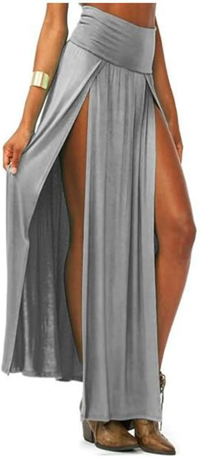 Womens Double Split Maxi Long Skirt Ladies Plain Basic Two Side Slit 4 22 Skirts Plus Size Elastic Waist